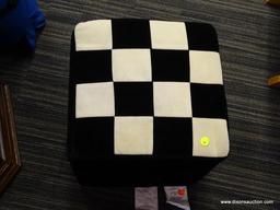 BLACK VELVET CUBE OTTOMAN WITH CHECKERBOARD PATTERNED TOP; HINGED LID ALSO HAS A ZIPPING CLOSURE.