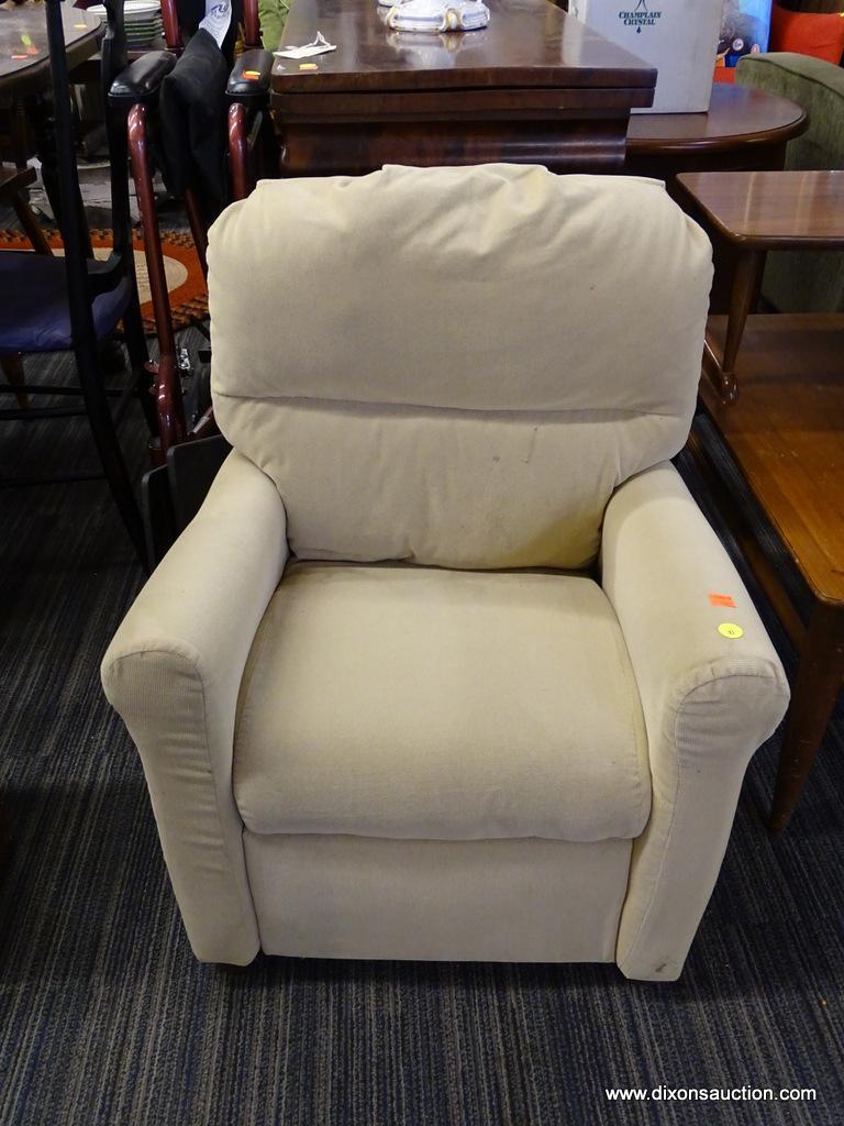 BEIGE CHILDS RECLINER; MAGNOLIA FURNITURE CHILDS RECLINER IN BEIGE. RETAIL VALUE $80. HAS SOME VERY