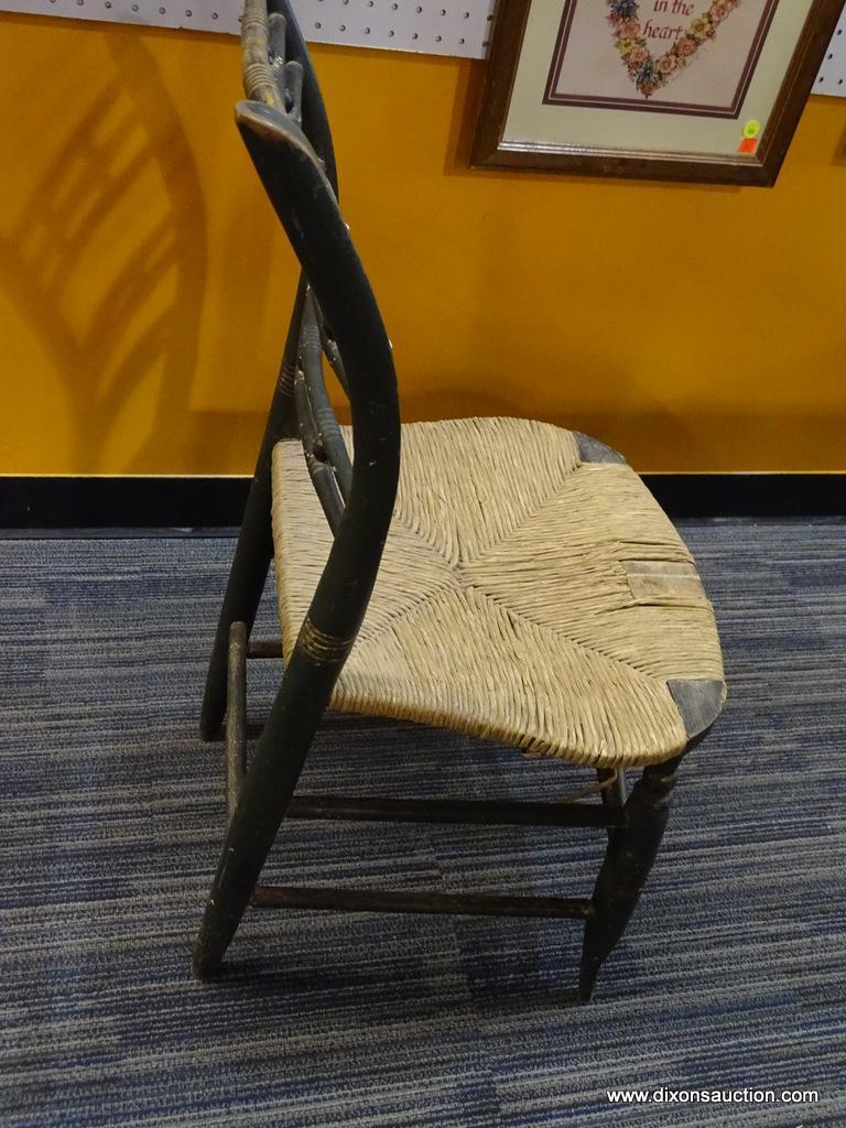 RUSH BOTTOM SIDE CHAIR; WITH BLACK DISTRESSED PAINTED FRAME. MULE EARED AND RUSH BOTTOM SIDE CHAIR