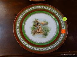 PORTRAIT PLATES; PAIR OF VINTAGE PORTRAIT PLATES. 1 DEPICTS A COUPLE FISHING AND 1 DEPICTS A COUPLE