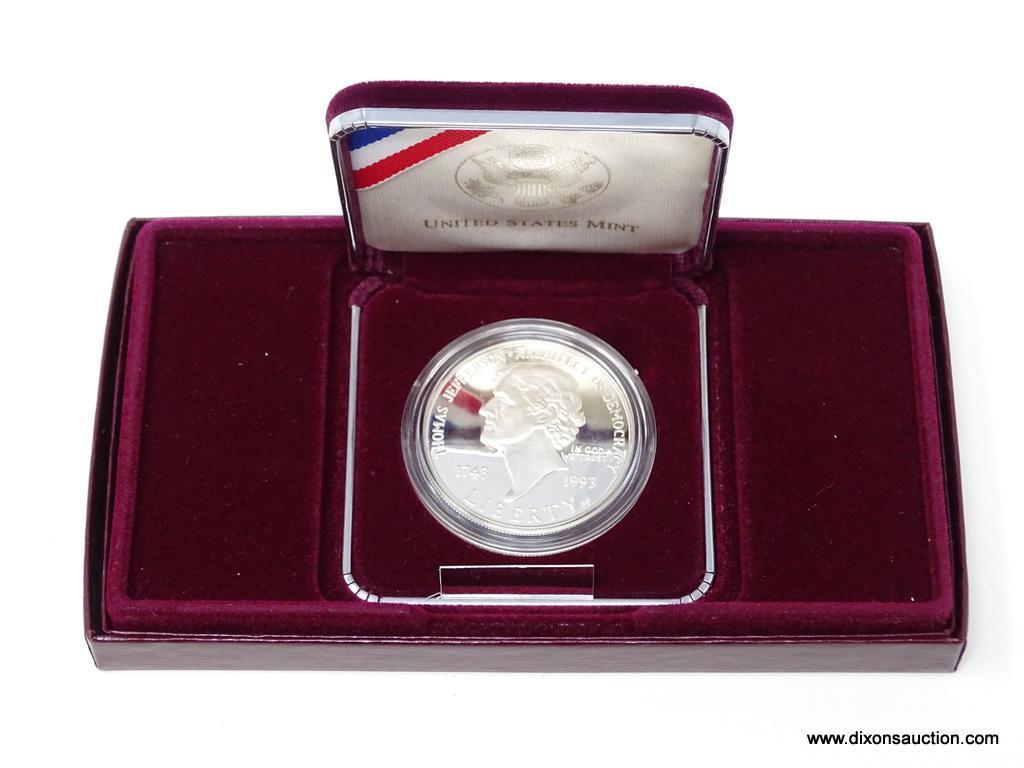 1993 THOMAS JEFFERSON 250th ANNIVERSARY 1743-1993 SILVER DOLLAR PROOF W/ COA AND IN PRESENTATION BOX