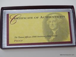 1993 THOMAS JEFFERSON 250th ANNIVERSARY 1743-1993 SILVER DOLLAR PROOF W/ COA AND IN PRESENTATION BOX