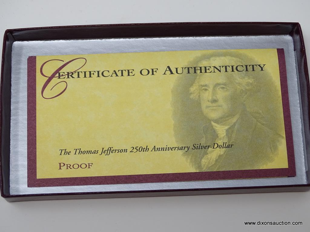 1993 THOMAS JEFFERSON 250th ANNIVERSARY 1743-1993 SILVER DOLLAR PROOF W/ COA AND IN PRESENTATION BOX