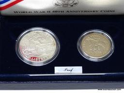 1991-1995 WORLD WAR II 50th ANNIVERSARY COMMEMORATIVE TWO COIN PROOF SET, PROOF SILVER DOLLAR & CLAD