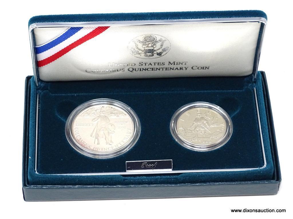 1992 COLUMBUS QUINCENTENARIES' TWO COIN SILVER & HALF DOLLAR PROOF SET W/ COA AND PRESENTATION BOX