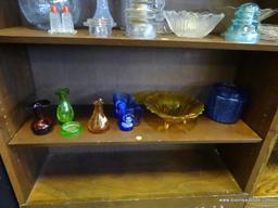 (R1) LOT; 3 HAND BLOWN CRACKLE GLASS PIECES, 2 COBALT BLUE SHIRLEY TEMPLE GLASSES, AMBER 3 FOOTED