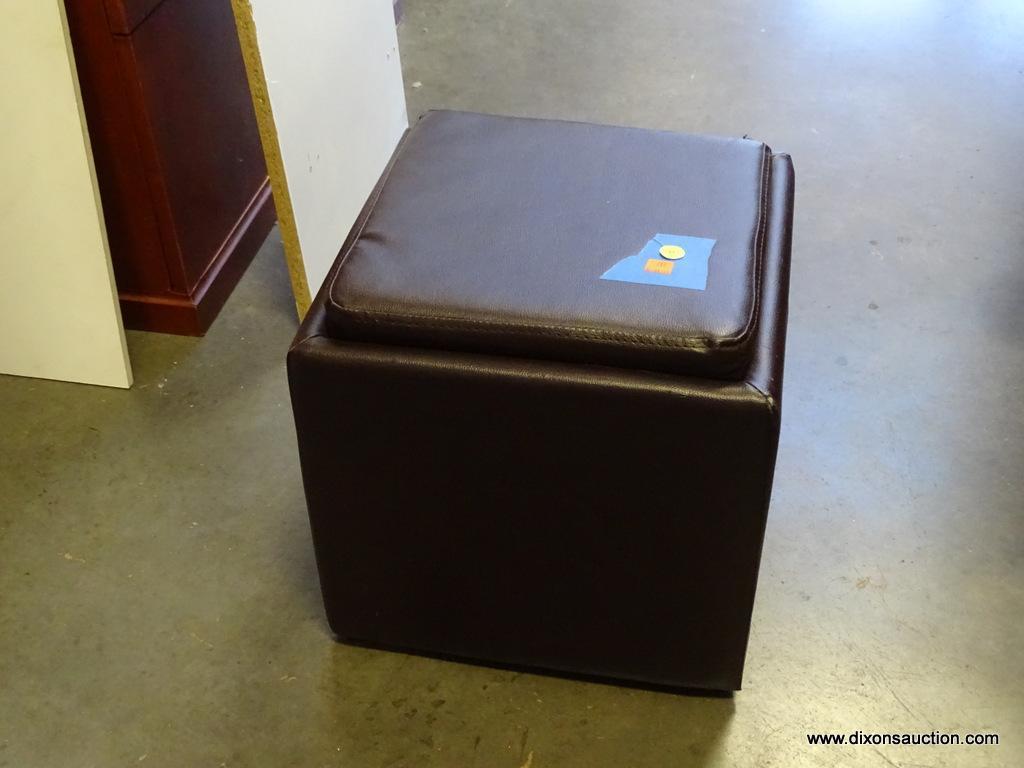 (R2) OTTOMAN; LEATHER LIFT TOP OTTOMAN IN BROWN. GREAT FOR STORING MAGAZINES, DVDS, OR ANYTHING THAT