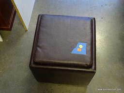 (R2) OTTOMAN; LEATHER LIFT TOP OTTOMAN IN BROWN. GREAT FOR STORING MAGAZINES, DVDS, OR ANYTHING THAT