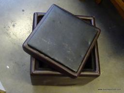 (R2) OTTOMAN; LEATHER LIFT TOP OTTOMAN IN BROWN. GREAT FOR STORING MAGAZINES, DVDS, OR ANYTHING THAT