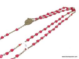 VINTAGE ROSARY WITH RED PLASTIC HEART SHAPED BEADS; ON A BRONZE COLORED CHAIN WITH OVAL SHAPED MEDAL