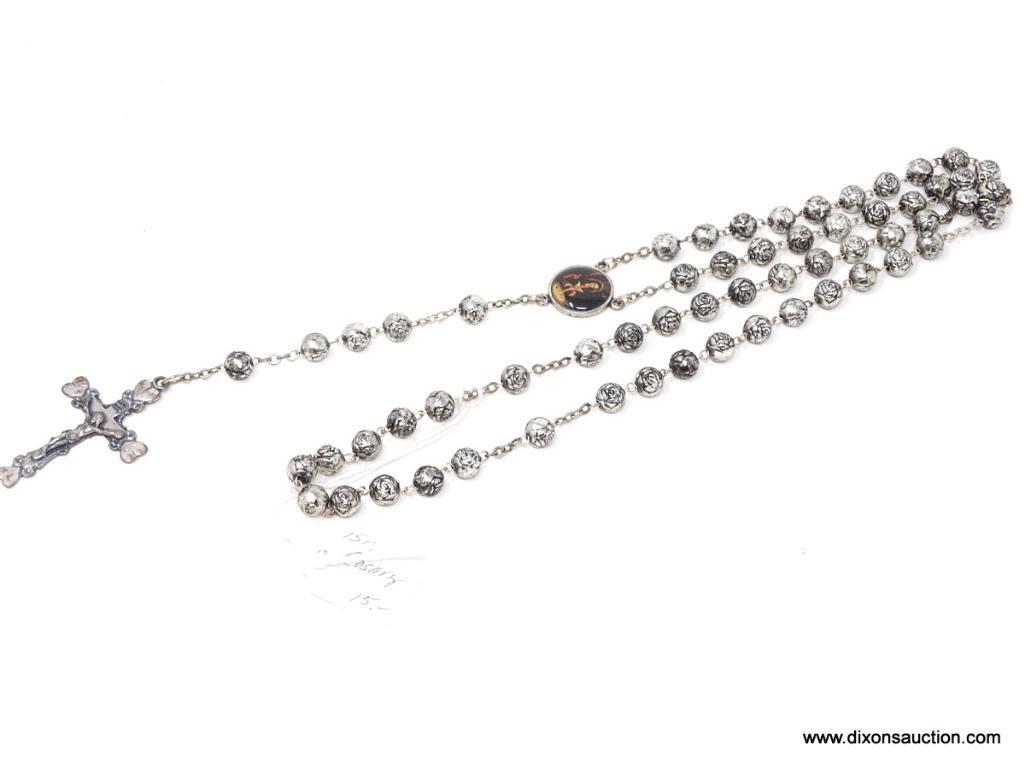 VINTAGE SILVER COLORED ROSARY; WITH ROUND BEADS ON A 25 IN STRAND, ROUND PORTRAIT MEDAL, AND
