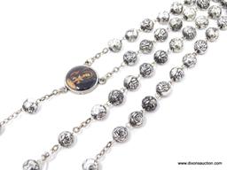 VINTAGE SILVER COLORED ROSARY; WITH ROUND BEADS ON A 25 IN STRAND, ROUND PORTRAIT MEDAL, AND