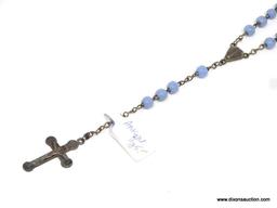 ANTIQUE PERIWINKLE BLUE ROSARY; BEADS (5 SETS OF 10) ARE ARRANGED ON A STRAND 21 IN LONG, WITH A