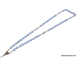 ANTIQUE PERIWINKLE BLUE ROSARY; BEADS (5 SETS OF 10) ARE ARRANGED ON A STRAND 21 IN LONG, WITH A