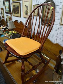 VINTAGE WINDSOR HOOP-BACK ROCKING CHAIR; SPINDLED BACK WITH 2 ADDITIONAL ANGLED SUPPORTS, TURNED