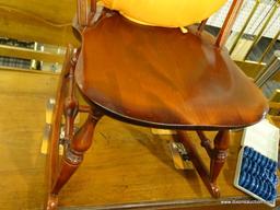 VINTAGE WINDSOR HOOP-BACK ROCKING CHAIR; SPINDLED BACK WITH 2 ADDITIONAL ANGLED SUPPORTS, TURNED