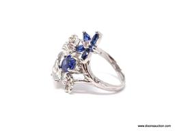 KASHMIR BLUE SAPPHIRE FLOWER DESIGN RING; SIZE 7.25, APPROX 2.20 CTS, .925 WITH KASHMIR BLUE