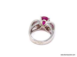 PIGEON RED RUBY OVAL RING; SIZE 7.75, .925, APPROX 6.20 CT, RED MAIN STONE FLANKED BY CLUSTERS OF 20