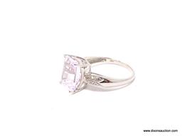 PINK KUNZITE EMERALD-CUT RING; SIZE 6.5, .925, APPROX 6.55 CT CENTER STONE SURROUNDED WITH 10 PCS