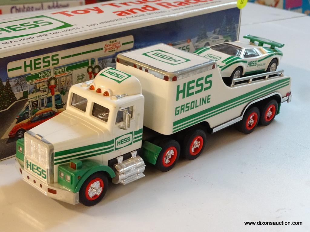 HESS TOY TRUCK AND RACER; IN THE ORIGINAL BOX AND APPEARS TO BE NEVER USED!