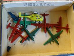 CIGAR BOX OF TOY AIRPLANES; INCLUDES VARIOUS VINTAGE PLASTIC AIRPLANE TOYS OF VARYING SIZES (SOME