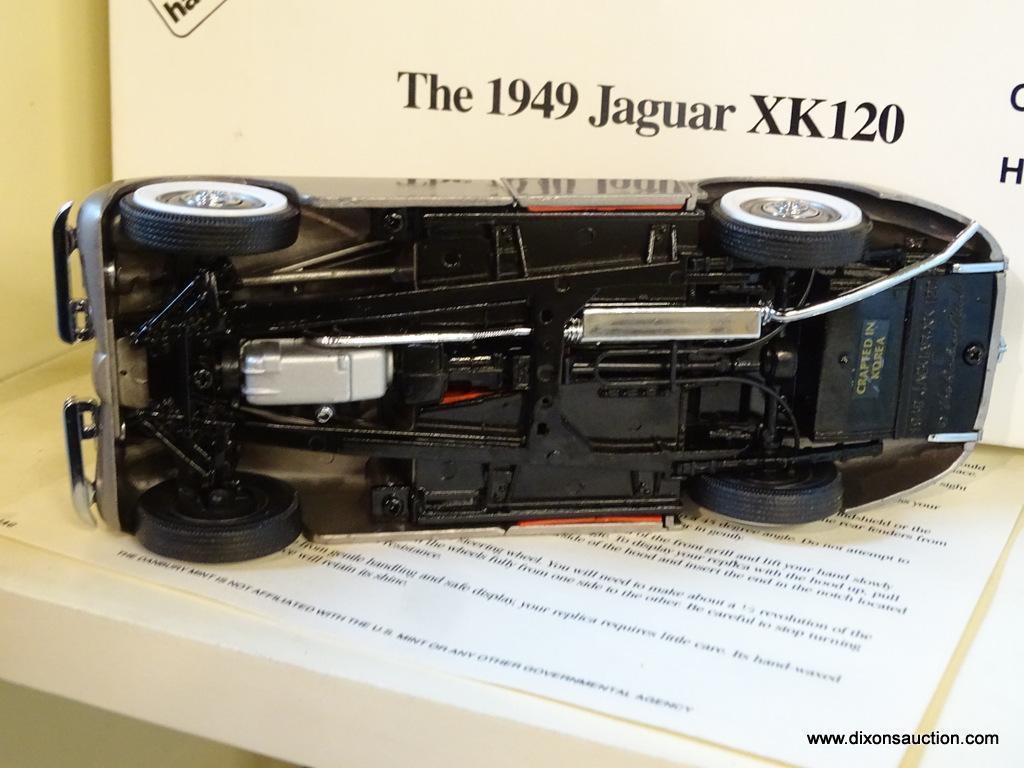 JAGUAR XK120; THE DANBURY MINT 1949 JAGUAR XK120 1:24 SCALE MODEL CAR WITH THE ORIGINAL BOX.