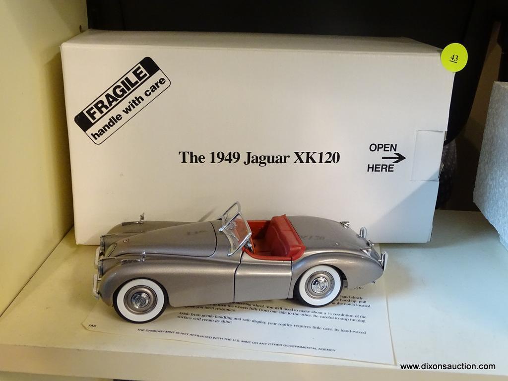 JAGUAR XK120; THE DANBURY MINT 1949 JAGUAR XK120 1:24 SCALE MODEL CAR WITH THE ORIGINAL BOX.