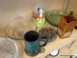 (R1A) SHELF LOT OF ASSORTED ITEMS; THIS LOT CONTAINS 7 ASSORTED GLASS PLATTERS AND SERVING DISHES, A