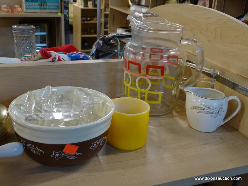 (R1A) SHELF LOT OF ASSORTED ITEMS; THIS LOT INCLUDES A HOBNAIL GLASS SERVING BOWL, A WHITE LIMOGES