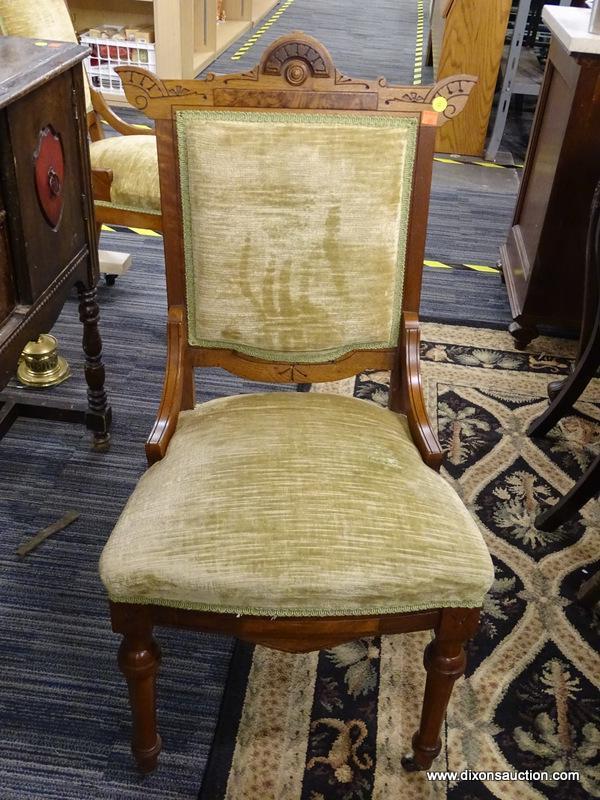 VICTORIAN SIDE CHAIR; 1 OF A PAIR OF VICTORIAN EASTLAKE SIDE CHAIRS. EACH HAVE GREEN UPHOLSTERED