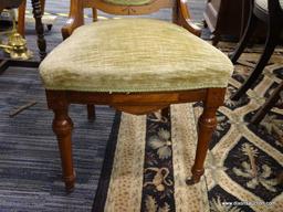 VICTORIAN SIDE CHAIR; 1 OF A PAIR OF VICTORIAN EASTLAKE SIDE CHAIRS. EACH HAVE GREEN UPHOLSTERED