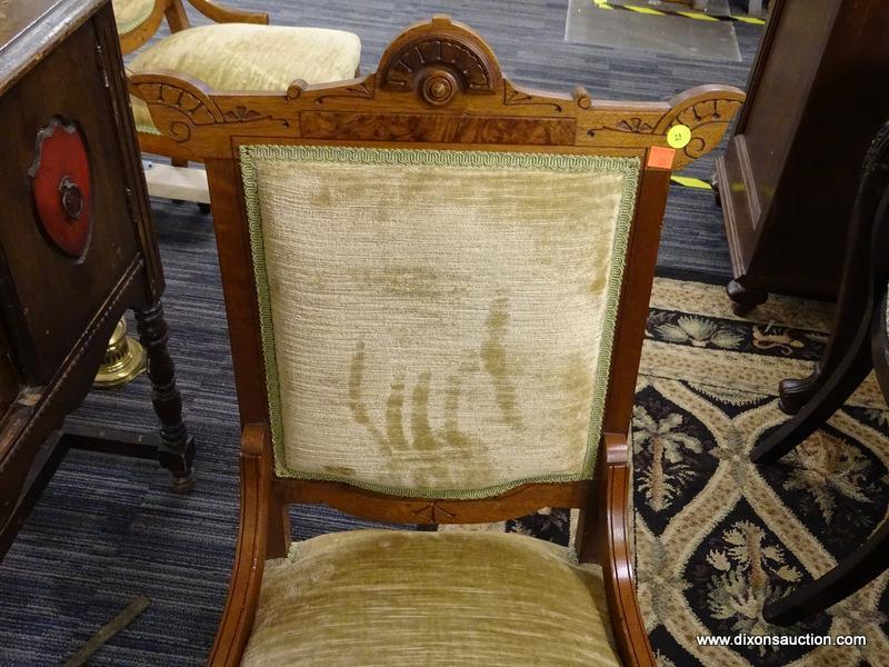 VICTORIAN SIDE CHAIR; 1 OF A PAIR OF VICTORIAN EASTLAKE SIDE CHAIRS. EACH HAVE GREEN UPHOLSTERED