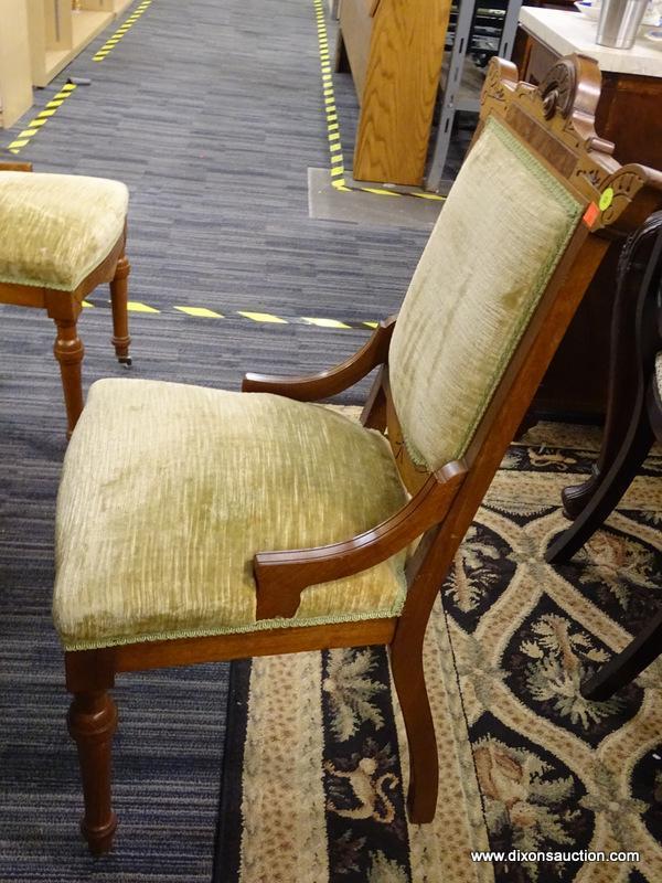 VICTORIAN SIDE CHAIR; 1 OF A PAIR OF VICTORIAN EASTLAKE SIDE CHAIRS. EACH HAVE GREEN UPHOLSTERED