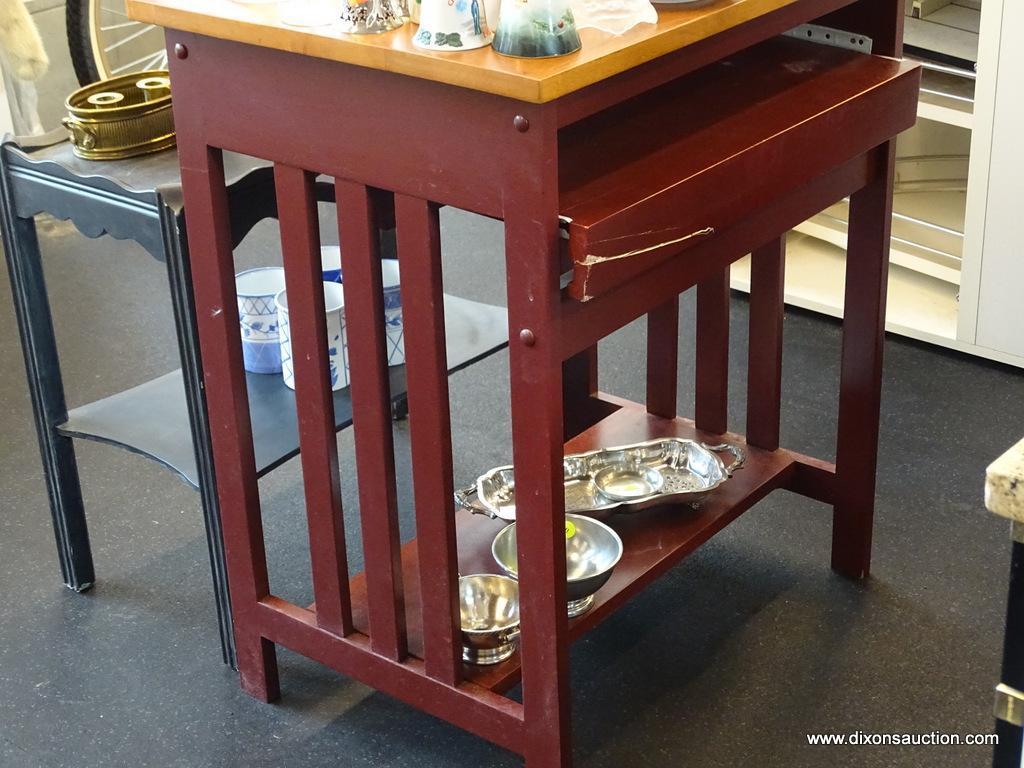 RED MISSION STYLE COMPUTER DESK WITH NATURAL WOOD GRAIN TOP; HAS PULL OUT KEYBOARD/WORK PLATFORM,