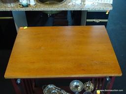 RED MISSION STYLE COMPUTER DESK WITH NATURAL WOOD GRAIN TOP; HAS PULL OUT KEYBOARD/WORK PLATFORM,