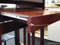 RED MISSION STYLE COMPUTER DESK WITH NATURAL WOOD GRAIN TOP; HAS PULL OUT KEYBOARD/WORK PLATFORM,