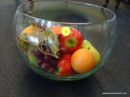 (WIN) DECORATIVE GLASS BOWL FILLED WITH ARTIFICIAL FRUIT; BOWL MEASURES 11.5 IN DIAMETER AND 8.5 IN