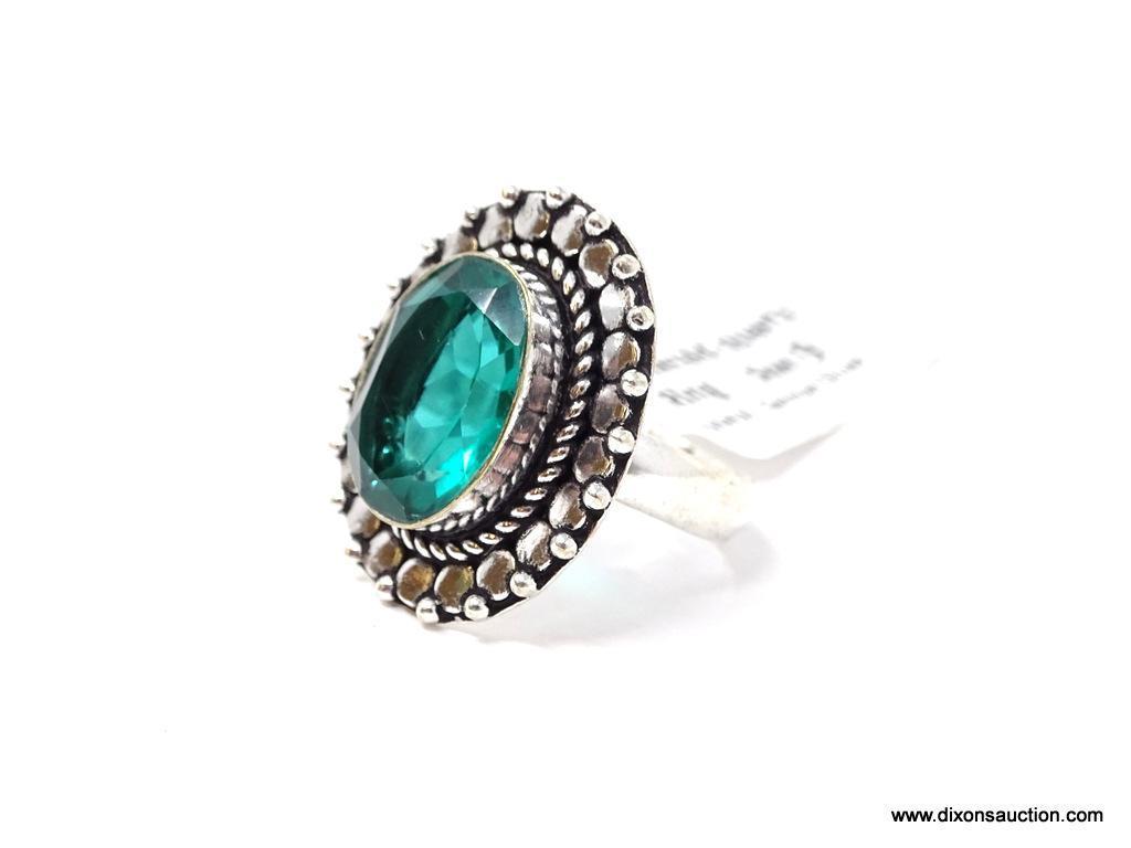 GERMAN SILVER & EMERALD QUARTZ GEMSTONE RING. APPROX. RING SIZE 9.