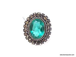 GERMAN SILVER & EMERALD QUARTZ GEMSTONE RING. APPROX. RING SIZE 9.