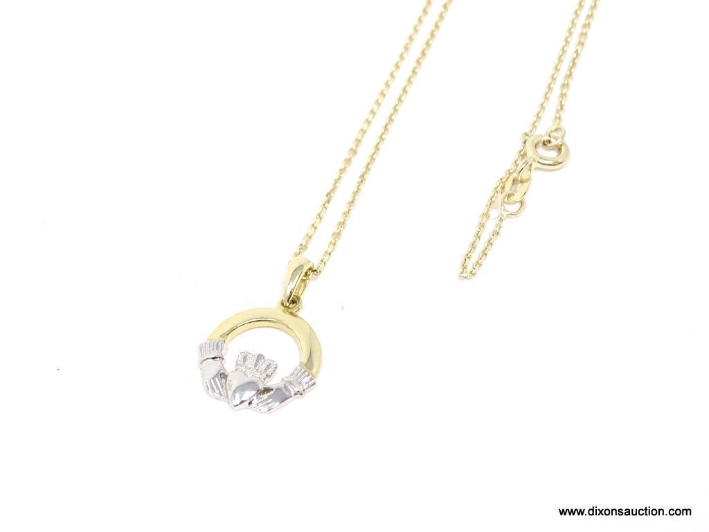 BEAUTIFUL 14K YELLOW GOLD CABLE CHAIN WITH 14K YELLOW GOLD CLADDAGH PENDANT. CHAIN MEASURES APPROX.