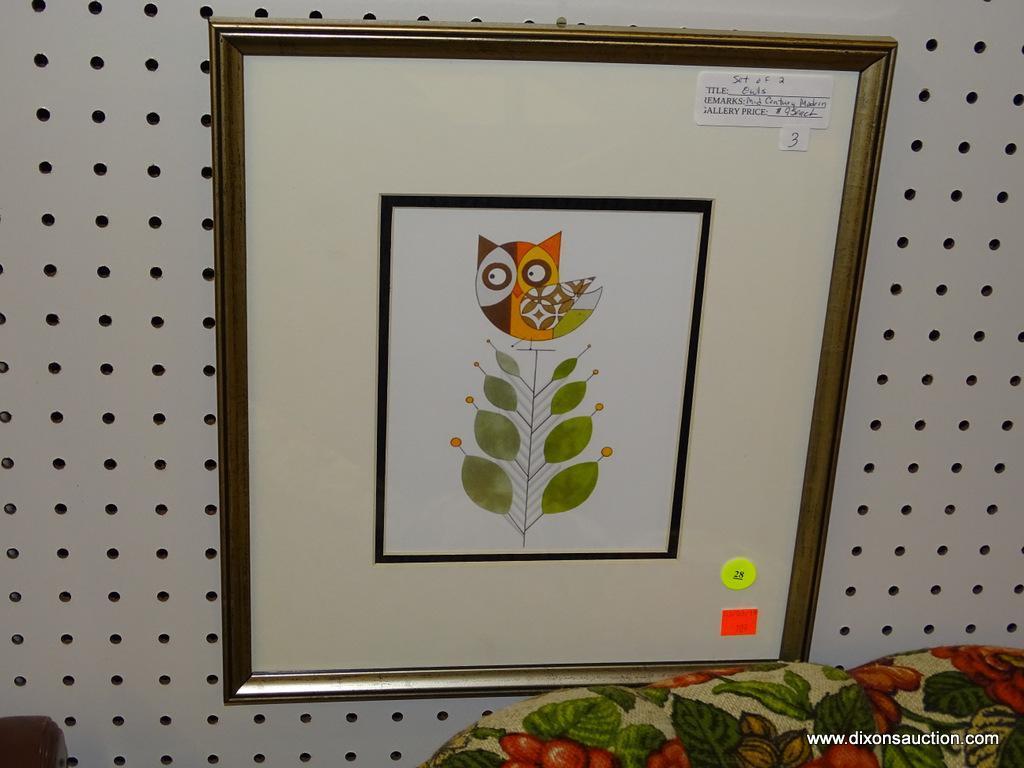 (WALL1) SET OF MID CENTURY MODERN OWL PRINTS; SET OF TWO BRIGHTLY COLORED MID CENTURY MODERN OWL