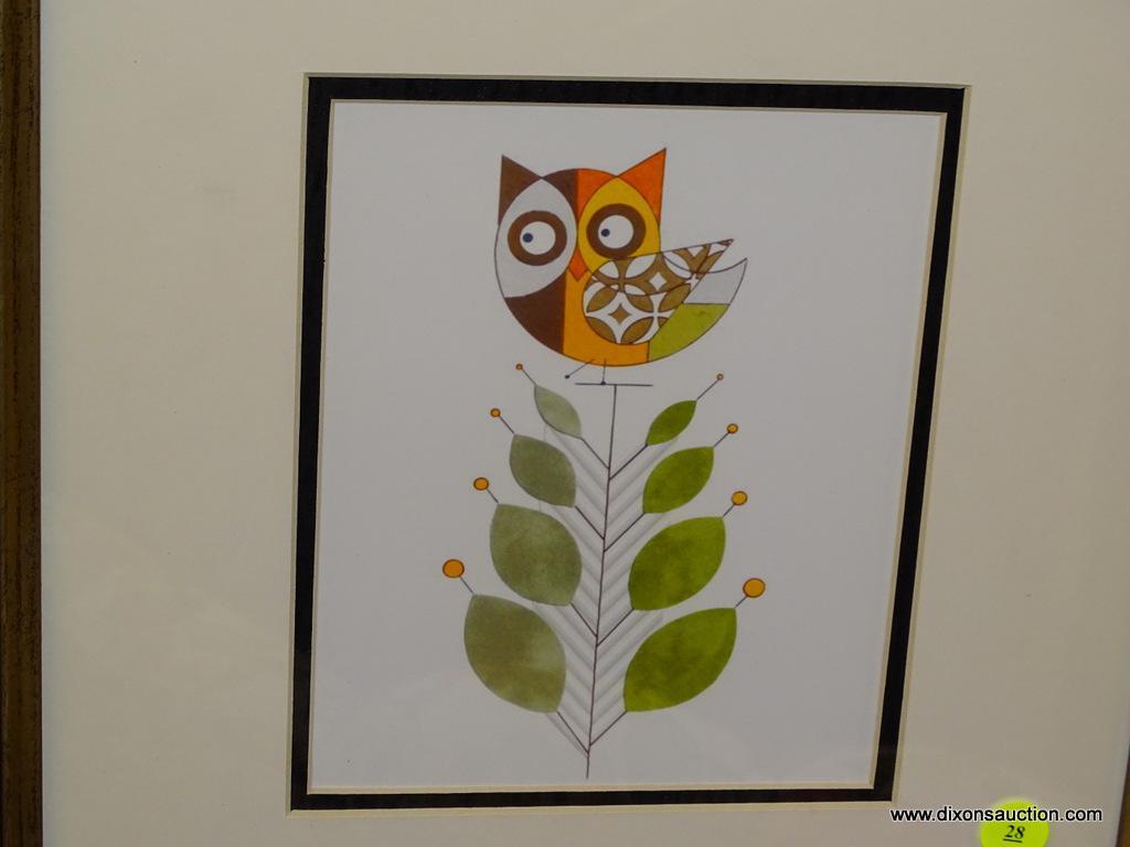 (WALL1) SET OF MID CENTURY MODERN OWL PRINTS; SET OF TWO BRIGHTLY COLORED MID CENTURY MODERN OWL