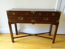 (HALL) ORIENTAL CAMPAIGN SERVER; MAHOGANY ORIENTAL STYLE CAMPAIGN SERVER WITH 2 DRAWERS, BRASS