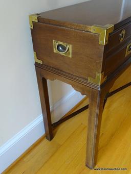 (HALL) ORIENTAL CAMPAIGN SERVER; MAHOGANY ORIENTAL STYLE CAMPAIGN SERVER WITH 2 DRAWERS, BRASS