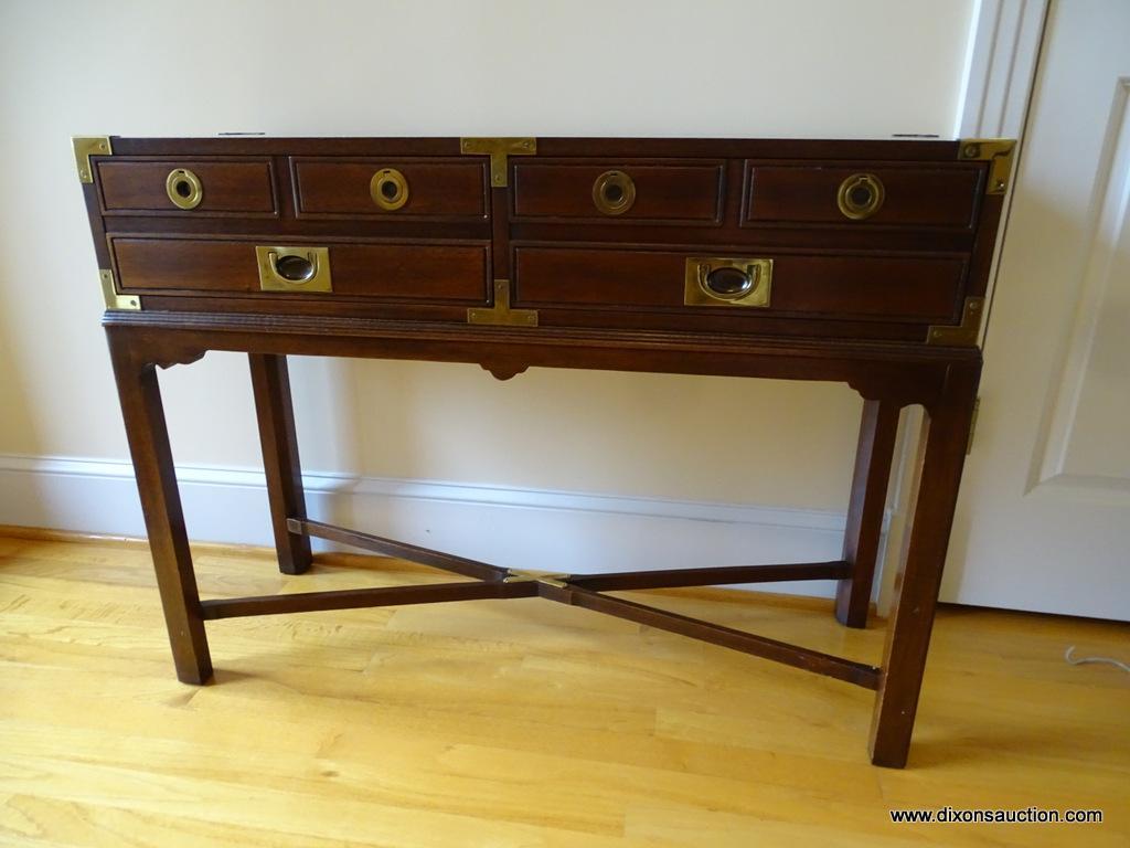 (HALL) ORIENTAL CAMPAIGN SERVER; MAHOGANY ORIENTAL STYLE CAMPAIGN SERVER WITH 2 DRAWERS, BRASS