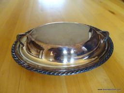 (HALL) SILVER PLATE LOT; INCLUDES A SILVER PLATE AND GLASS WATER CARAFE, A LIDDED OVAL SERVING DISH,
