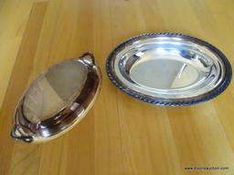 (HALL) SILVER PLATE LOT; INCLUDES A SILVER PLATE AND GLASS WATER CARAFE, A LIDDED OVAL SERVING DISH,