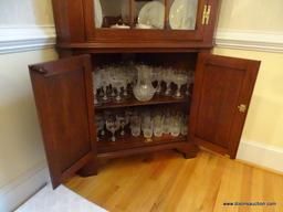 (DR) HENKEL-HARRIS CORNER CABINET; HENKEL-HARRIS BLACK CHERRY CORNER CABINET 9 PANE SINGLE GLASS