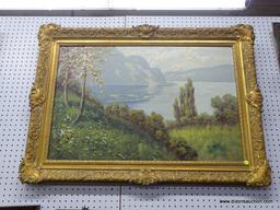 LARGE OIL ON CANVAS; LARGE LANDSCAPE OIL ON CANVAS DEPICTING A LUSH MOUNTAINOUS SCENE OVERLOOKING A