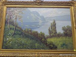 LARGE OIL ON CANVAS; LARGE LANDSCAPE OIL ON CANVAS DEPICTING A LUSH MOUNTAINOUS SCENE OVERLOOKING A